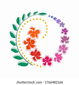 Colorful flower composition. Round ornament with dancing flowers and leaves. Plants are located in a spiral. Wedding vector illustration isolated on white background. For print and web.