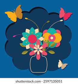 Colorful flower composition in vase with butterflies., for greeting cards,posters in paper cut out effect. style. Vector illustration isolated on dark blue background.	
