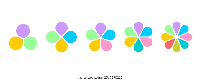 Diagramas de flores coloridas con pétalos. Gráficos de pastel floral divididos en sectores iguales de 3 a 8 en Formas de hojas aisladas sobre fondo blanco. Plantillas de presentación de datos. Ilustración plana de Vector.