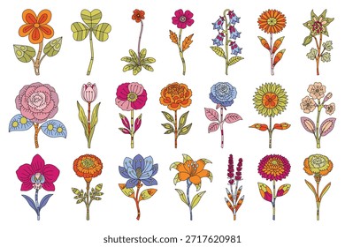 Conjunto de Vector colorido del garabato de la flor, arte floral de la línea de Antiguas	