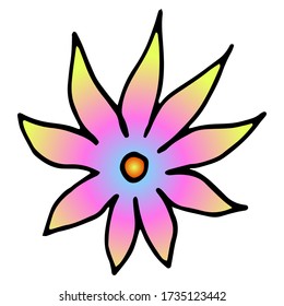 Colorful flower drawing. Vector hand drawn doodle illustration isolated on white background. Vector illustration for badge, logo, sticker, print.