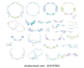Colorful Flower elements for design and decoration. Flowers, laurels,wreaths, branches, hearts set. Vector cute decor floral border.Floral frame set. Flower frames, flower border, flower decor.