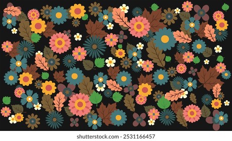 bunte Blumenelemente Vektor. Set Blumen von Wildblumen, Blattast, Laub auf schwarzem Hintergrund. Handgezeichnete Blütengrafik für Dekor, Ostern, Aufkleber, Clipart, Druck.