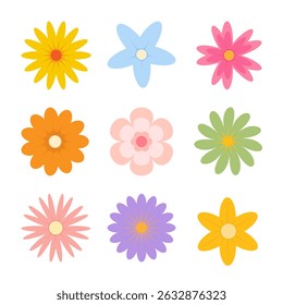 Colorful flower elements vector. A set of simple, cute round flower heads in various shapes. Abstract botanical spring blossom art with organic petal floral designs. Flower icon set creative design.