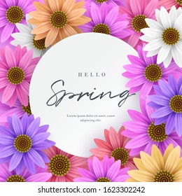 Colorful flower floral circle frame template for women's day and spring greeting invitation event background vector