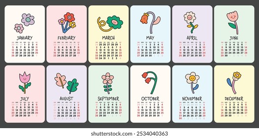 Colorful flower floral illustration for a 2025 New Year monthly calendar 