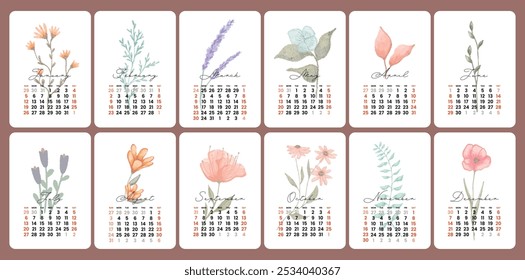 Ilustração floral de flor colorida para um calendário mensal de Ano Novo de 2025 