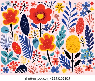 Colorful Flower Flowers Design Vector, in the Style of Michael Deforge, Henri Matisse, Isolated Figures, Abstract Landscape, Spontaneous Marks, Decorative Borders, Rustic Texture