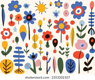 Colorful Flower Flowers Design Vector, in the Style of Michael Deforge, Henri Matisse, Isolated Figures, Abstract Landscape, Spontaneous Marks, Decorative Borders, Rustic Texture
