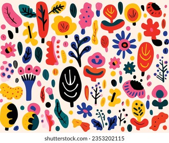 Colorful Flower Flowers Design Vector, in the Style of Michael Deforge, Henri Matisse, Isolated Figures, Abstract Landscape, Spontaneous Marks, Decorative Borders, Rustic Texture