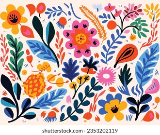 Colorful Flower Flowers Design Vector, in the Style of Michael Deforge, Henri Matisse, Isolated Figures, Abstract Landscape, Spontaneous Marks, Decorative Borders, Rustic Texture
