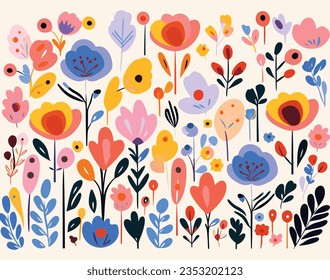 Colorful Flower Flowers Design Vector, in the Style of Michael Deforge, Henri Matisse, Isolated Figures, Abstract Landscape, Spontaneous Marks, Decorative Borders, Rustic Texture