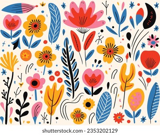 Colorful Flower Flowers Design Vector, in the Style of Michael Deforge, Henri Matisse, Isolated Figures, Abstract Landscape, Spontaneous Marks, Decorative Borders, Rustic Texture