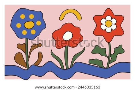 Colorful Flower Flowers Design Vector, Isolated Figures, Abstract Landscape, Spontaneous Marks, Decorative Borders, Rustic Texture