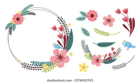 Colorful flower frame vector, Flowers wreath painted for invitation, wedding or greeting cards, Flower and leaves isolated on white background, Floral illustration for design.