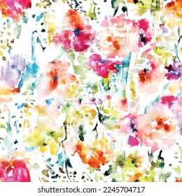 
Colorful Flower Garden Design, Beautiful Flowers, Abstract Watercolor Floral Pattern with Grunge Texture. Textil Print Art Background