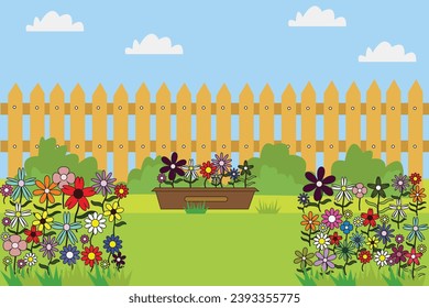 Colorful flower garden, sky with clouds, wooden fence, colorful green background 