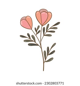 Colorful flower, hand drawn, vector flat illustration. Flowering plants with stems and leaves isolated on white. Floral decoration or gift. for your design