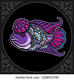 Colorful Flower horn fish mandala arts isolated on black background