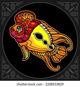 Colorful Flower horn fish mandala arts isolated on black background