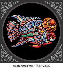 Colorful flower horn fish zentangle arts, isolated on black background