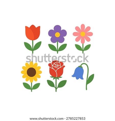 Colorful flower icon set featuring six different stylized blossoms with green stems and leaves, including a red tulip, yellow sunflower, red rose, and blue bluebell. Flat vector illustration representing spring season, botanical flora collection, gardening, or romantic floral decoration, isolated on white background.