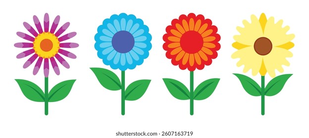 Colorful Flower Icon Set, Flat Vector Floral Design, Spring Blossom Graphics