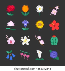 Colorful flower icons. Included the icons as rose , tulip, cactus, sakura, lotus, gardenia and more.