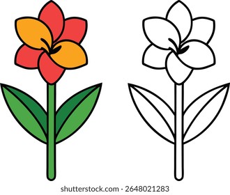 Colorful flower illustration with red orange petals green leaves and stem on white background