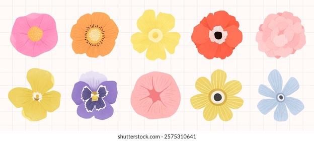 Colorful flower illustrations in various shapes. Flowers in pink, yellow, orange, and blue. Vibrant flowers on a grid background. Floral art variety. Spring illustrations, vector set.