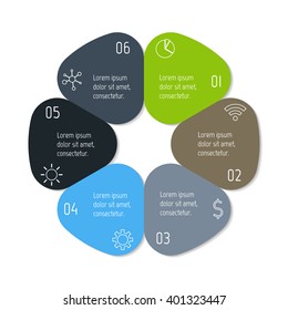 Colorful flower infographic banner template. Circular sequence banner with six options. Round progress banner template with 6 parts. Business infographic design element EPS10.