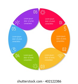 Colorful flower infographic banner template. Circular sequence banner with six options. Round progress banner template with 6 parts. Business infographic design element EPS10.