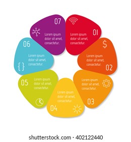 Colorful flower infographic banner template. Circular sequence banner with seven options. Round progress banner template with 7 parts. Business infographic design element EPS10.