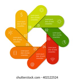 Colorful flower infographic banner template. Circular sequence banner with eight options. Round progress banner template with 8 parts. Business infographic design element EPS10.