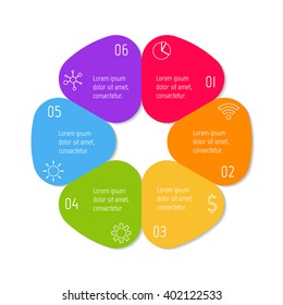 Colorful flower infographic banner template. Circular sequence banner with six options. Round progress banner template with 6 parts. Business infographic design element EPS10.
