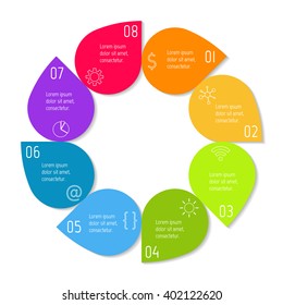 Colorful flower infographic banner template. Circular sequence banner with eight options. Round progress banner template with 8 parts. Business infographic design element EPS10.