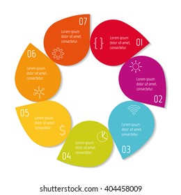 Colorful flower infographic banner template. Circular sequence banner with seven options. Round progress banner template with 7 parts. Business infographic design element EPS10.