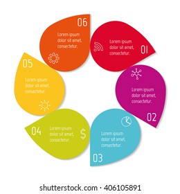 Colorful flower infographic banner template. Circular sequence banner with six options. Round progress banner template with 6 parts. Business infographic design element EPS10.