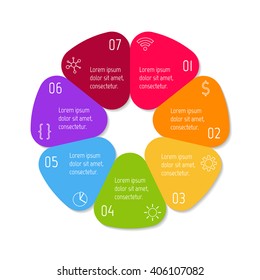 Colorful flower infographic banner template. Circular sequence banner with seven options. Round progress banner template with 7 parts. Business infographic design element EPS10.