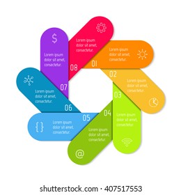 Colorful flower infographic banner template. Circular sequence banner with eight options. Round progress banner template with 8 parts. Business infographic design element EPS10.
