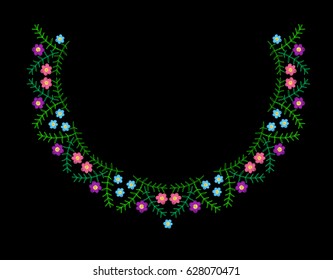 Colorful flower with leaf frame embroidery stitches imitation. Floral wreath for neck line on black background. Embroidery vector.