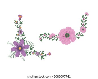 colorful flower and leaf  on white background. Spring foliage set for floral decor. vector illustrator
