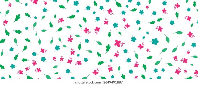 Colorful Flower and Leaf Pattern on White Background, Featuring Unique Minimalist Floral Icons, Perfect for Nature Themed Art, Backgrounds, and Decorative Design.