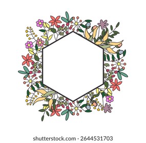 Colorful flower and leaf template design with hexagon negative area for text. floral hexagon frame template