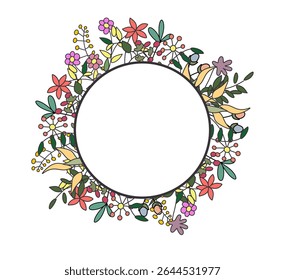 Colorful flower and leaf template design with circle negative area for text. floral circle frame template