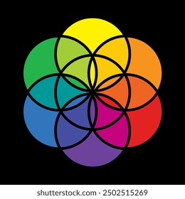 Colorful flower of life, Color spectrum isolated on black  background