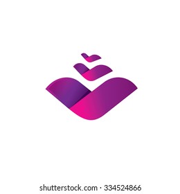 Colorful flower logo template. Vector abstract purple bloom symbol. Plant icon with leaves, fashion logotype idea, birds, waves, three letter V concept sign, rose, floral, nature, natural