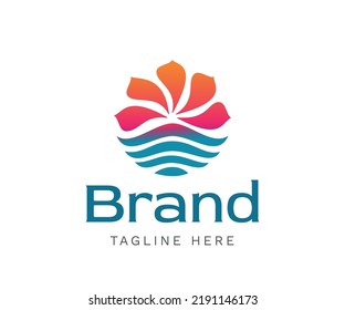 Colorful flower logo and water waves. Petals icon with ocean waves. Abstract logo is suitable for natural product, cosmetics, beauty, ecology concepts, health, spa, yoga center, Eco nature environment