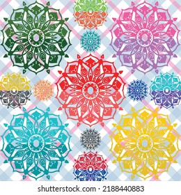 Colorful flower mandala pattern on plaid seamless pattern