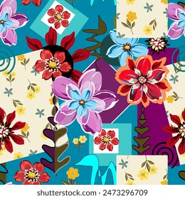 colorful flower pattern Arranged in a modern, hand-drawn, seamless style on a dark blue background. Designed for fabric, textiles, wallpaper, gift wrapping paper.